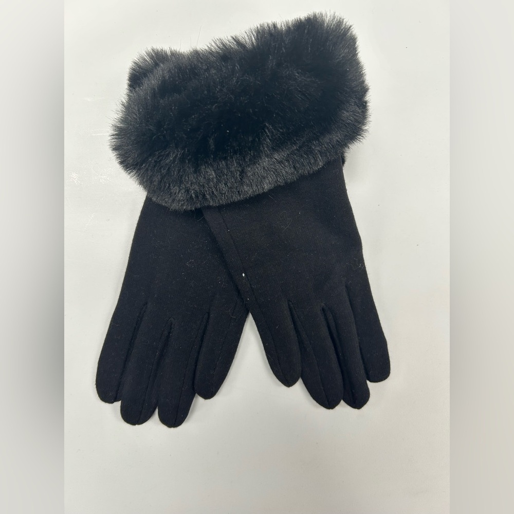Black Faux Fur Trim Touchscreen Gloves